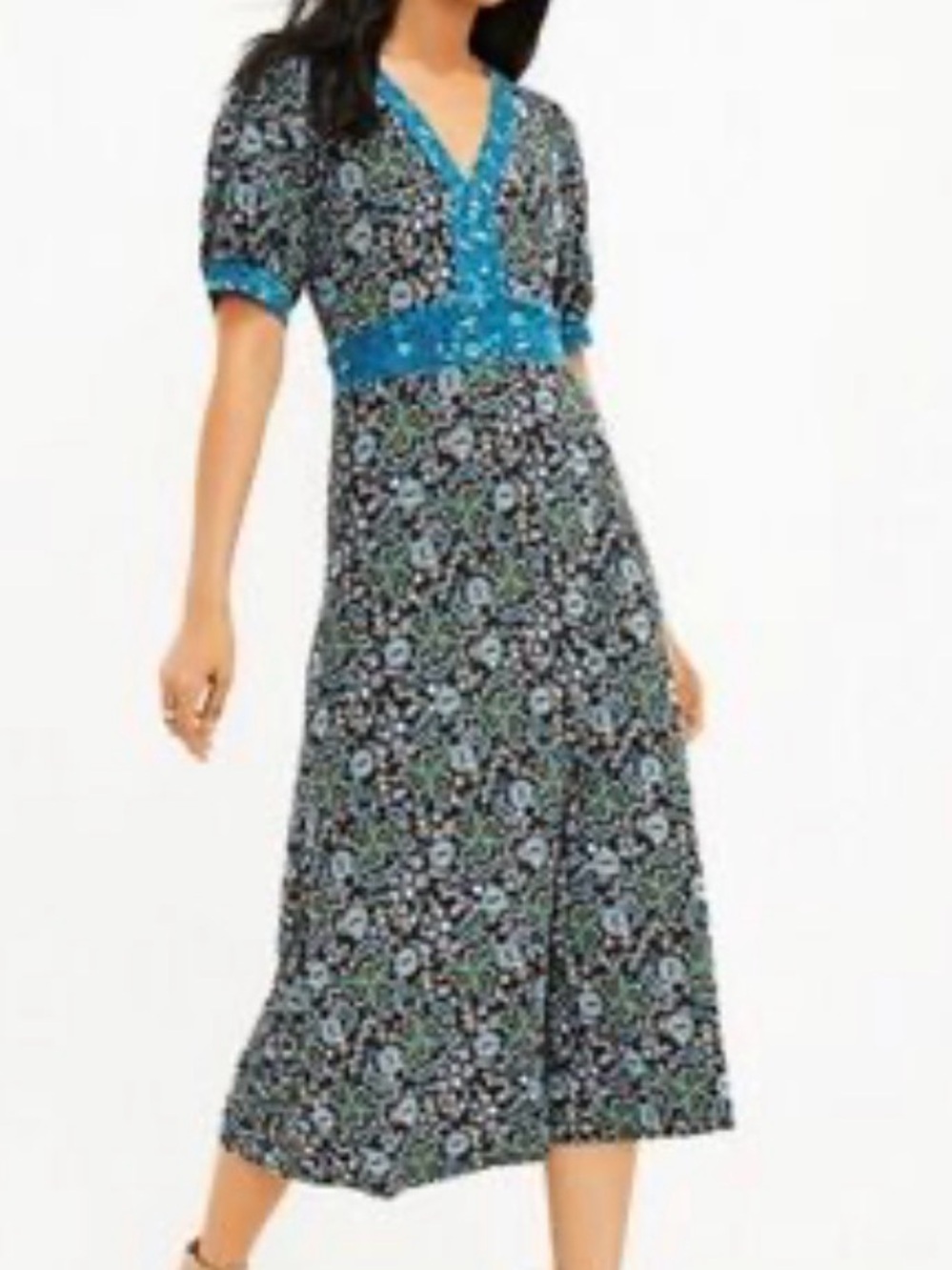 LOFT Black Floral Midi Dress with Teal Trim